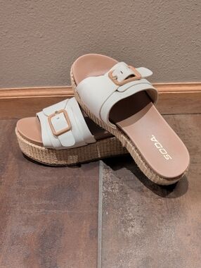 SODA Cream Platform Slide Sandals with Woven Sole and Buckle